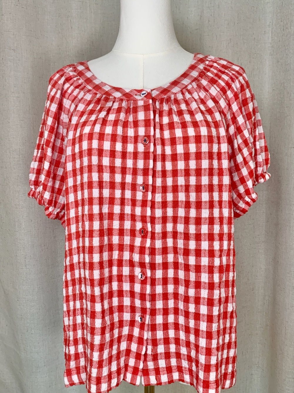 Jane + Delancey Red Gingham Button Front Puff Sleeve Blouse Size Small - Picture 2 of 6